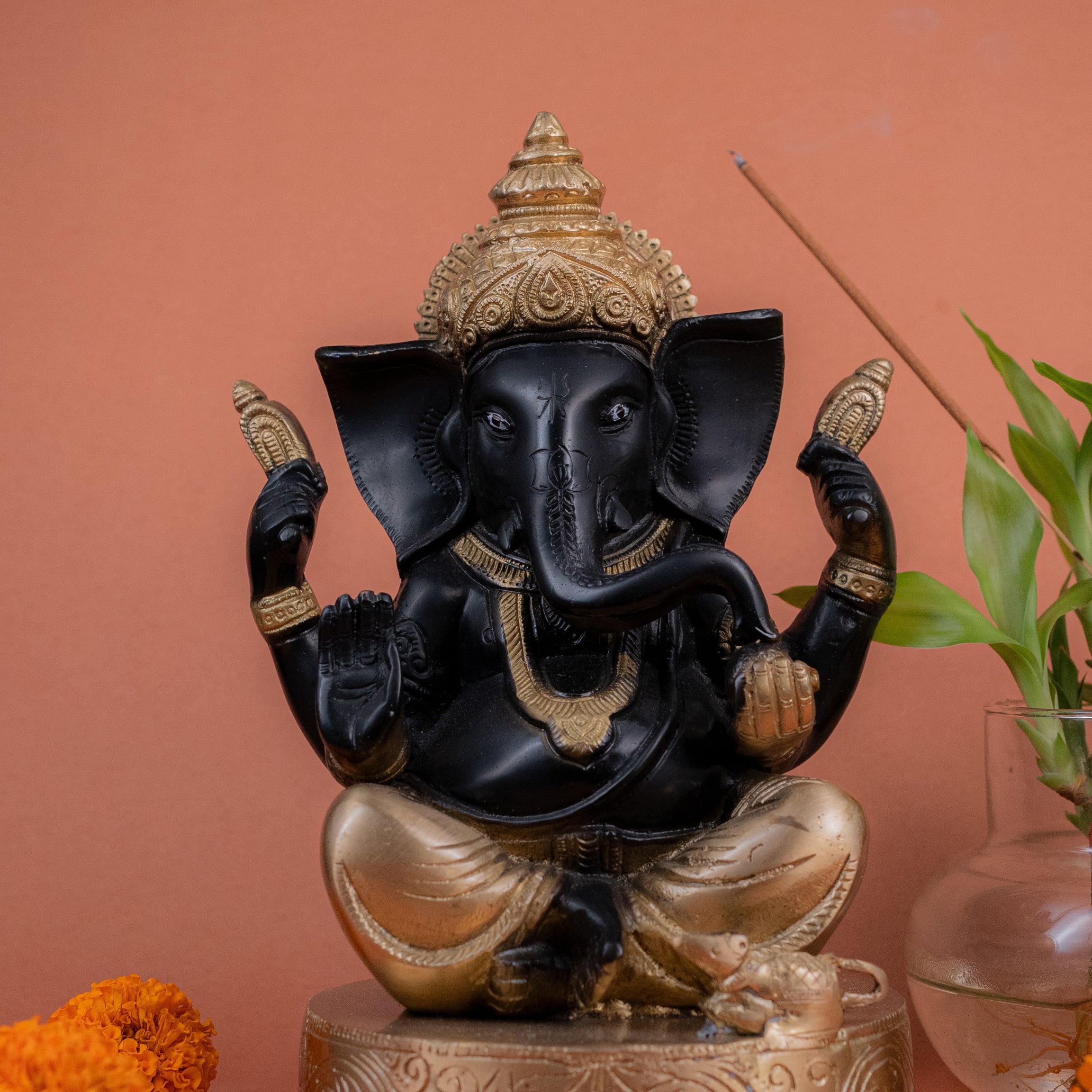 Pure Brass Handcrafted Ganesh Ji Sitting on Gaddi - 9" Height