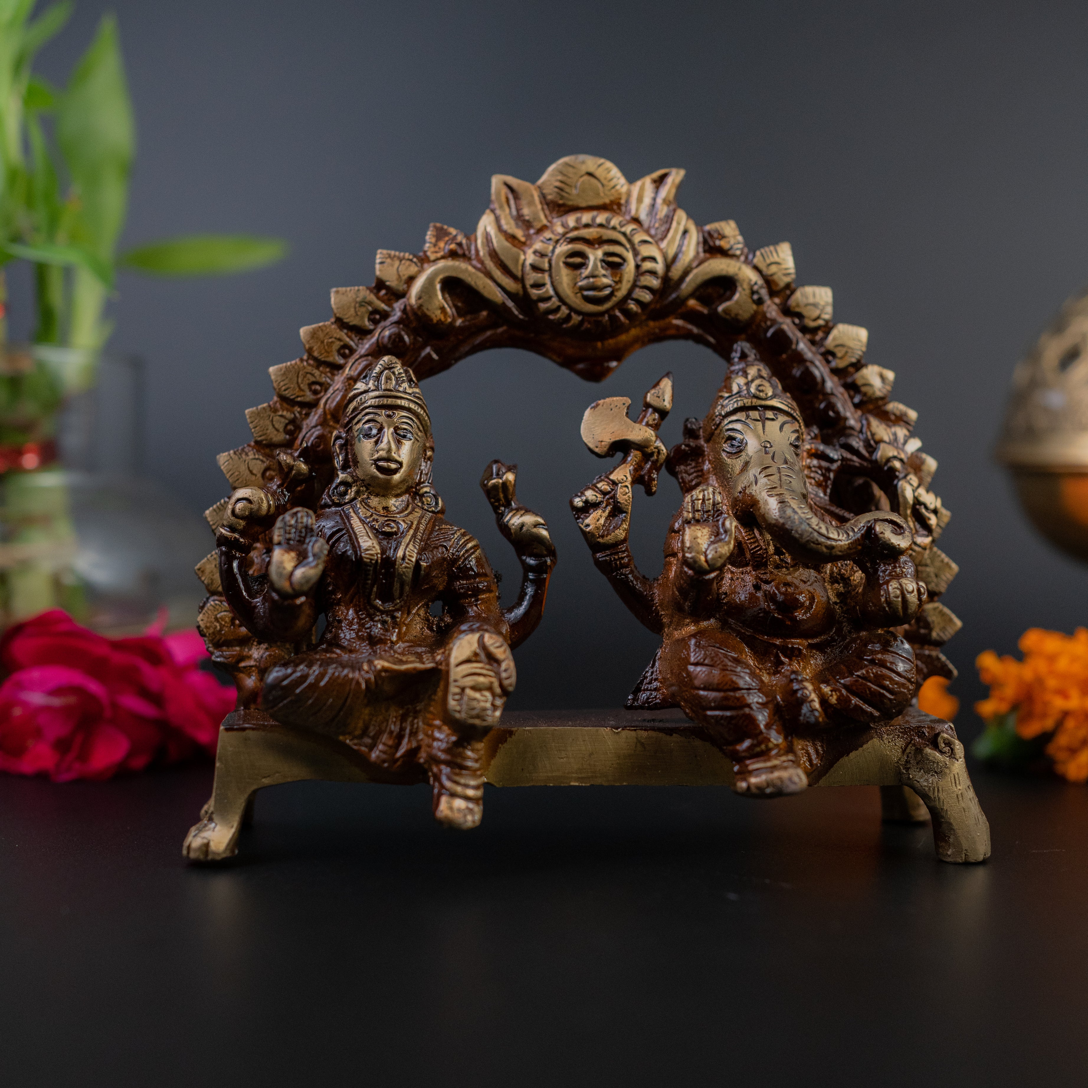 Brass Antique Lakshmi Ganesh Seated with Arch