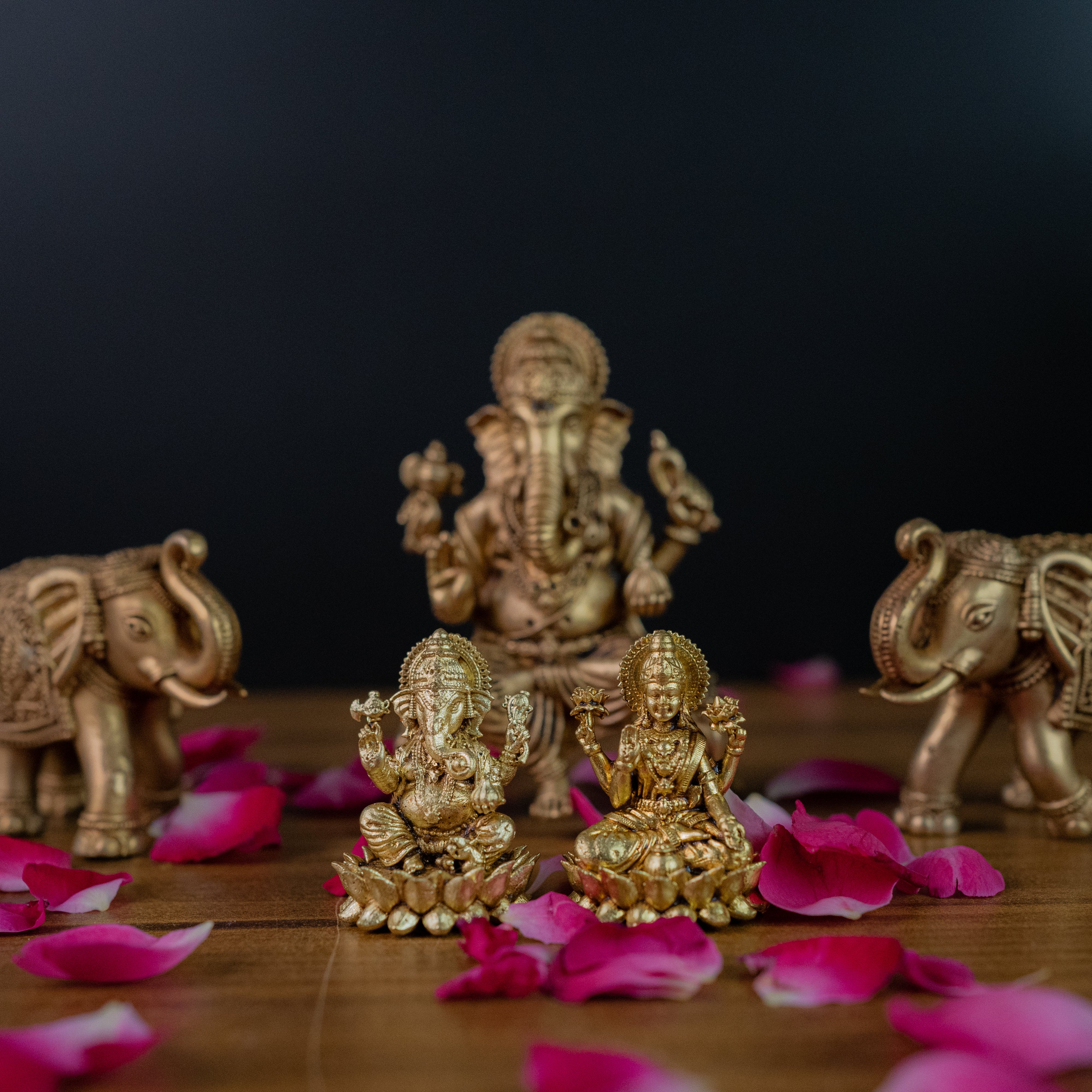 Brass Lakshmi Ganesh Ji God Idols Sitting on Lotus - 5" Height