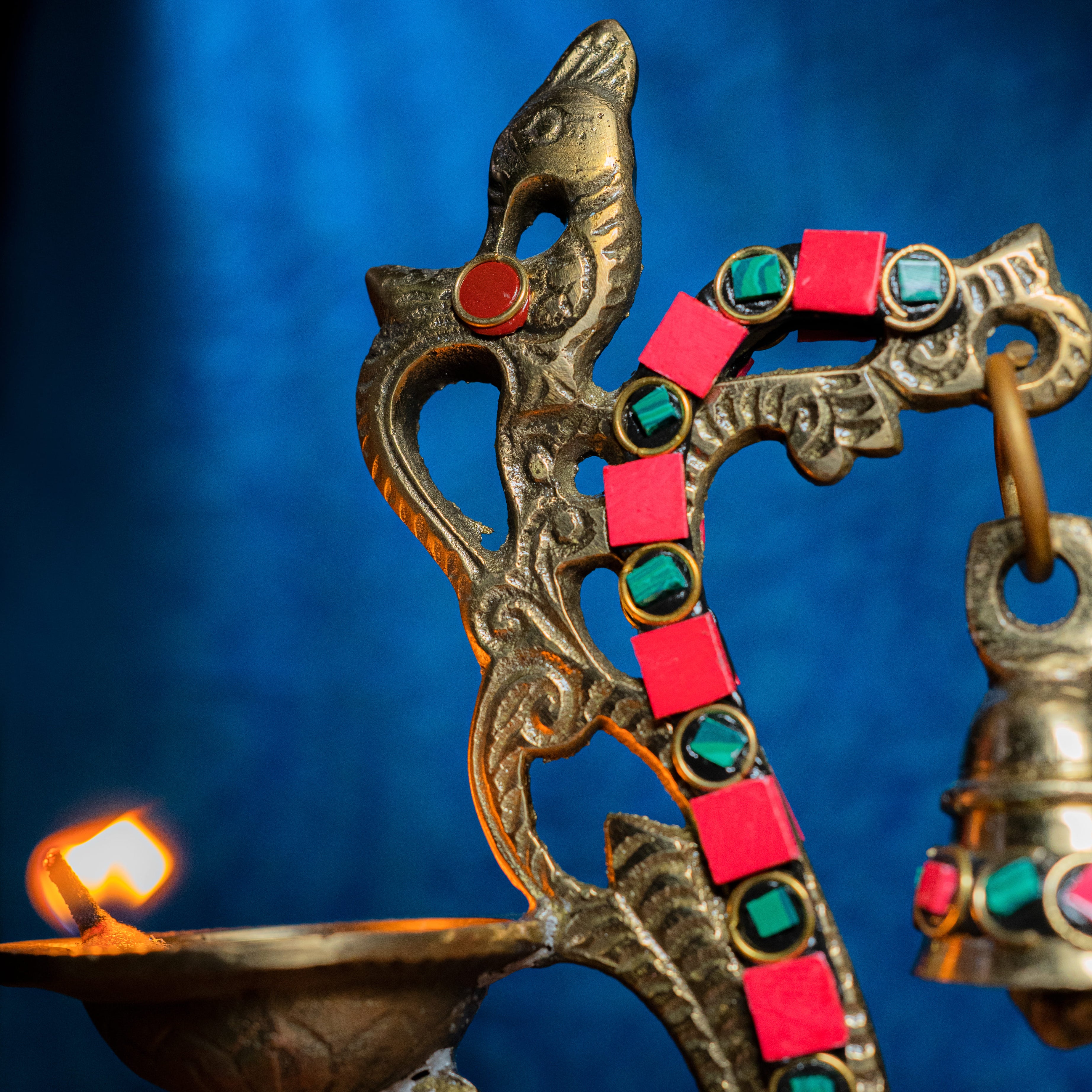 Brass Deepak with Stone work and Bell - 9" Height