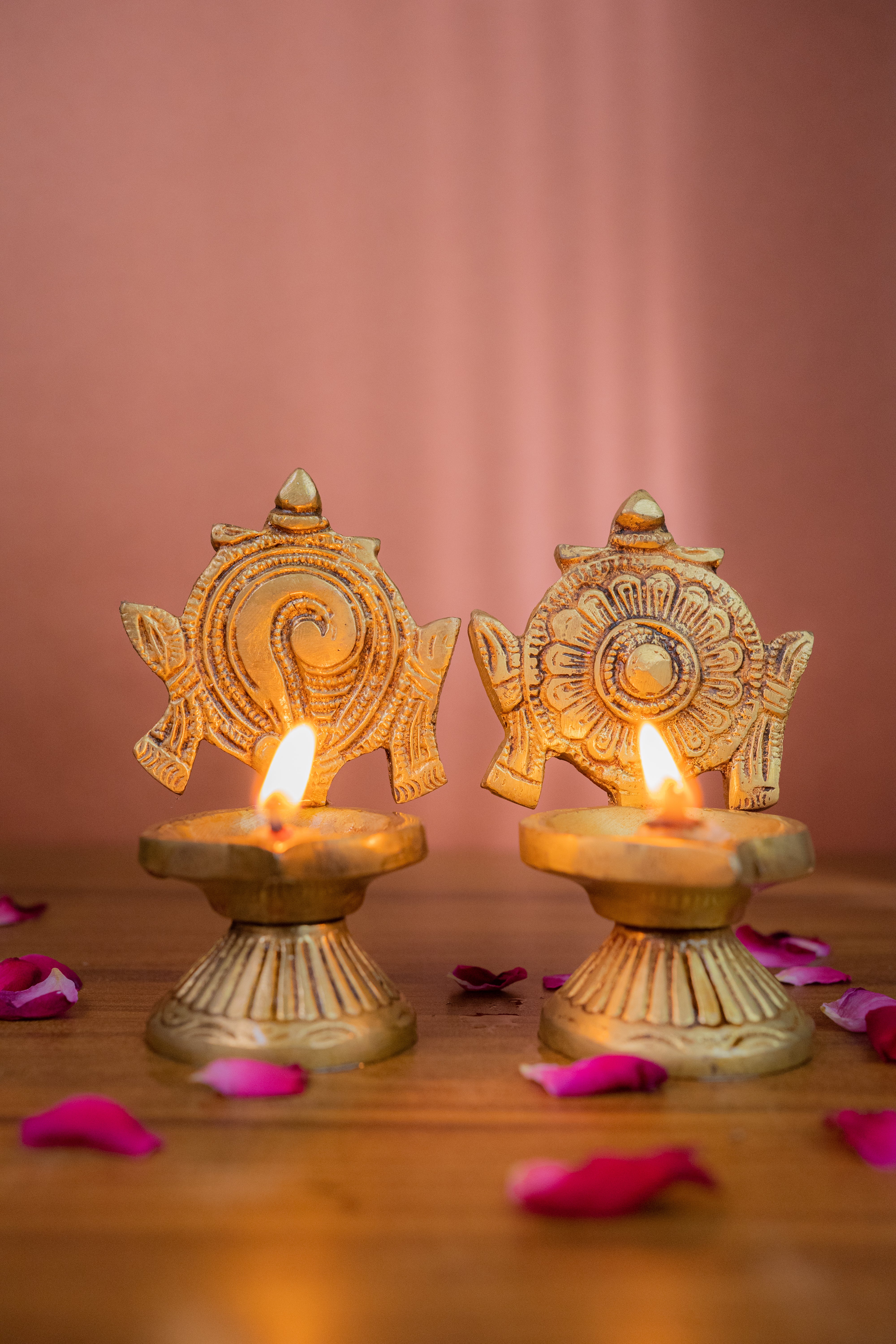 Pure Brass Handcrafted Shankh Chakra Deepak - 4" Height