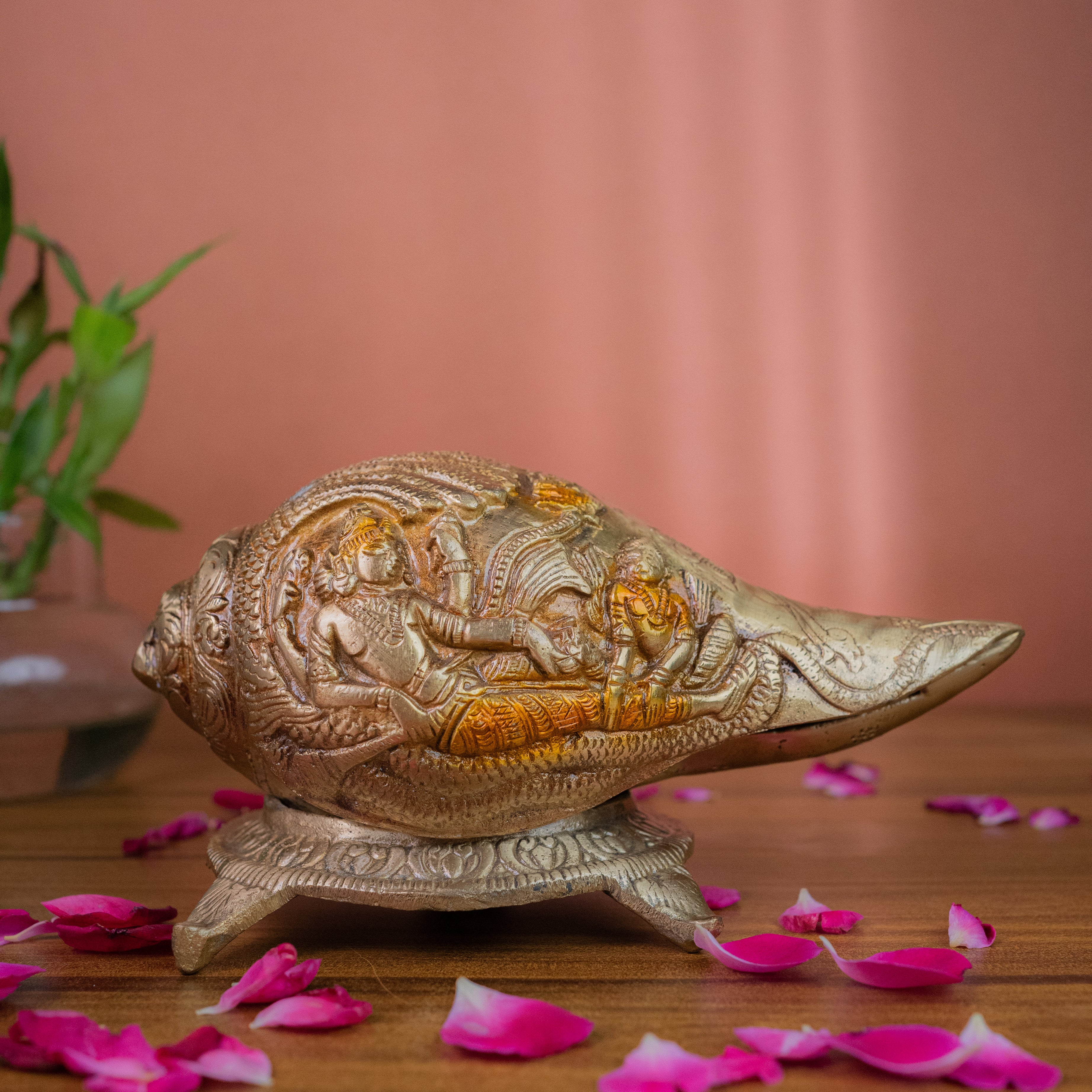 Brass Antique Lakshmi narayan beautifully carved Shankh on stand