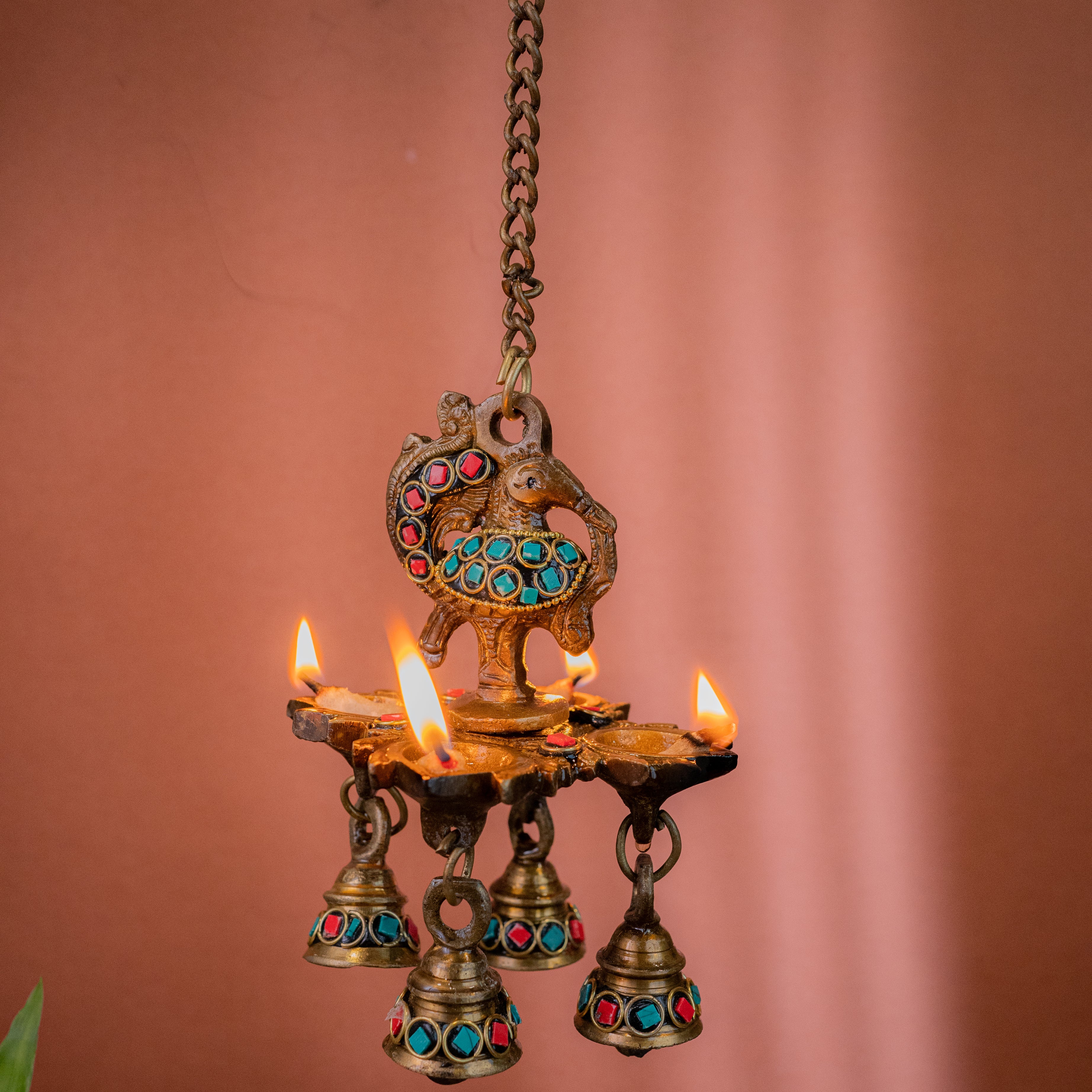 Antique Brass Peacock hanging Diya with Bells