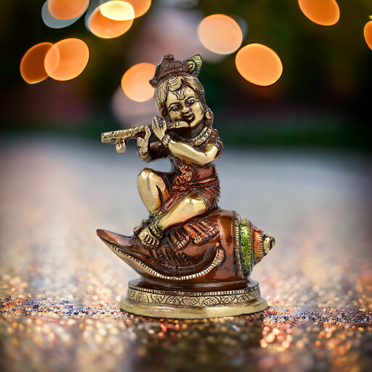Brass Krishna Idol on Shell/ Shankh