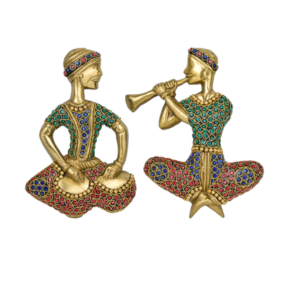 Brass musician figurative pair with stones