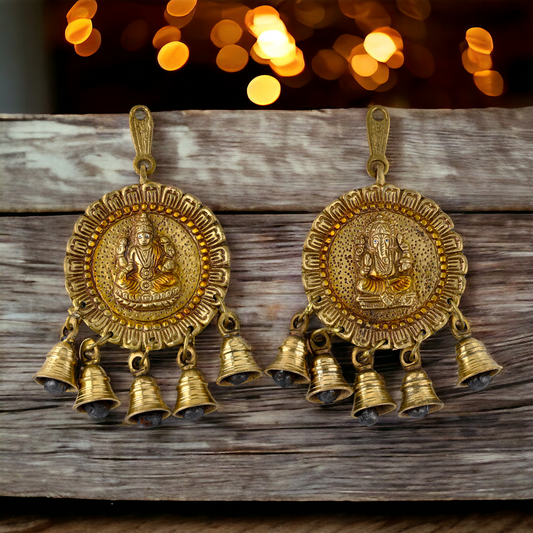 Brass Wall Hanging Pair Lakshmi Ganesh with Bells